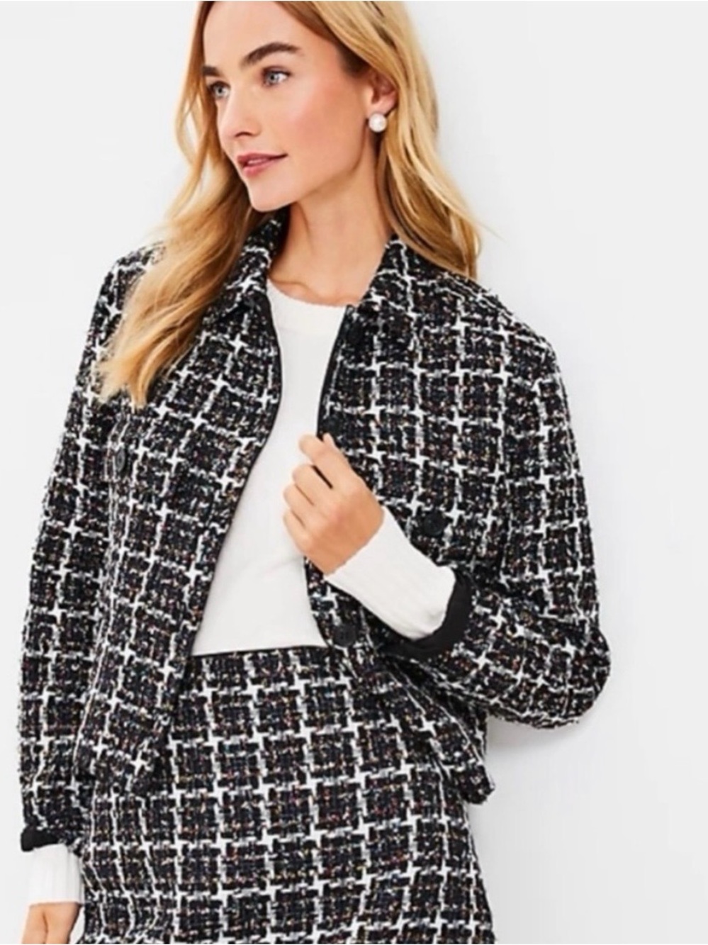 LOFT Black and White Metallic Tweed Cropped Jacket